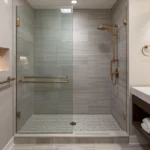 Luxury wheelchair accessible bathroom remodel Austin with roll-in shower and frameless glass layout