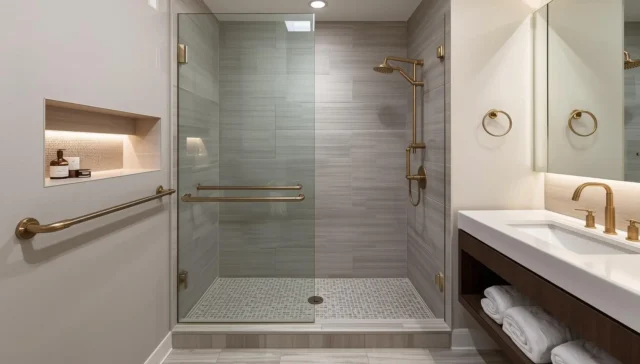 Luxury wheelchair accessible bathroom remodel Austin with roll-in shower and frameless glass layout