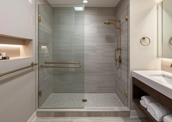 Luxury wheelchair accessible bathroom remodel Austin with roll-in shower and frameless glass layout
