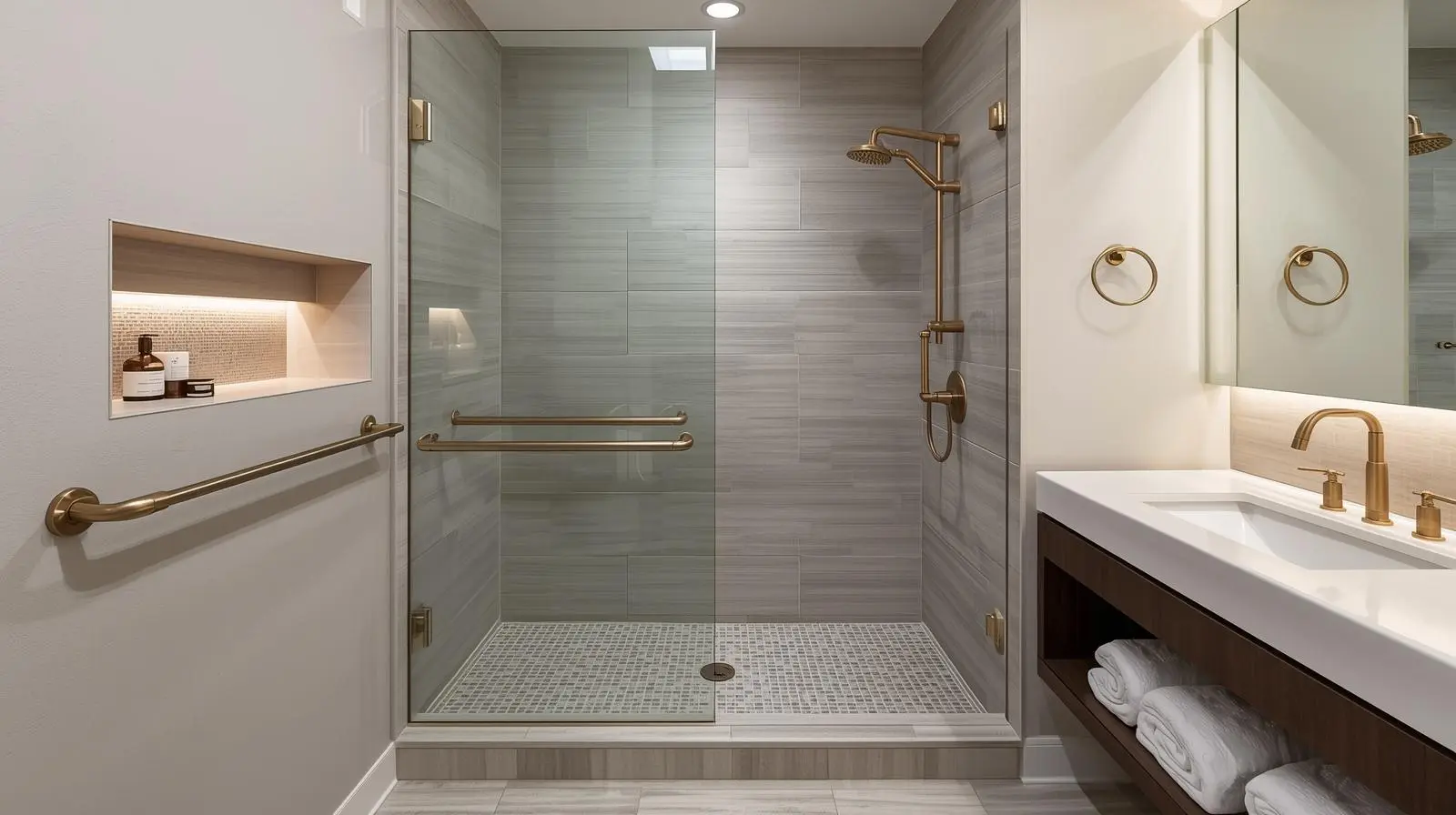 Luxury wheelchair accessible bathroom remodel Austin with roll-in shower and frameless glass layout