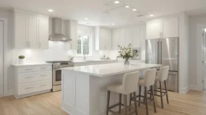 Modern G Shaped Kitchen Remodel with White Cabinets