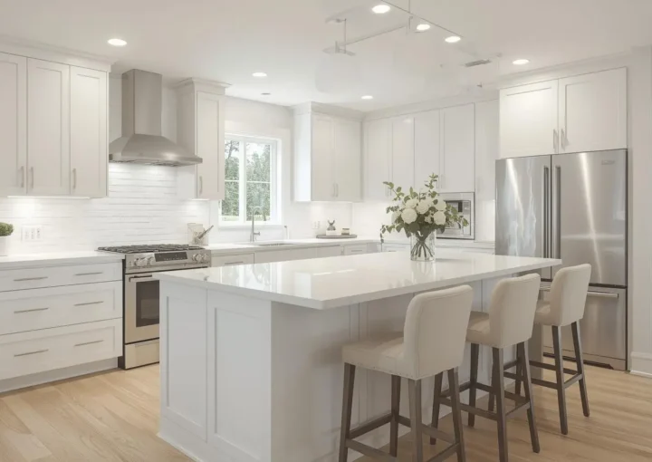 Modern G Shaped Kitchen Remodel with White Cabinets
