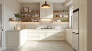 Small U Shaped Kitchen Layout with Open Shelving