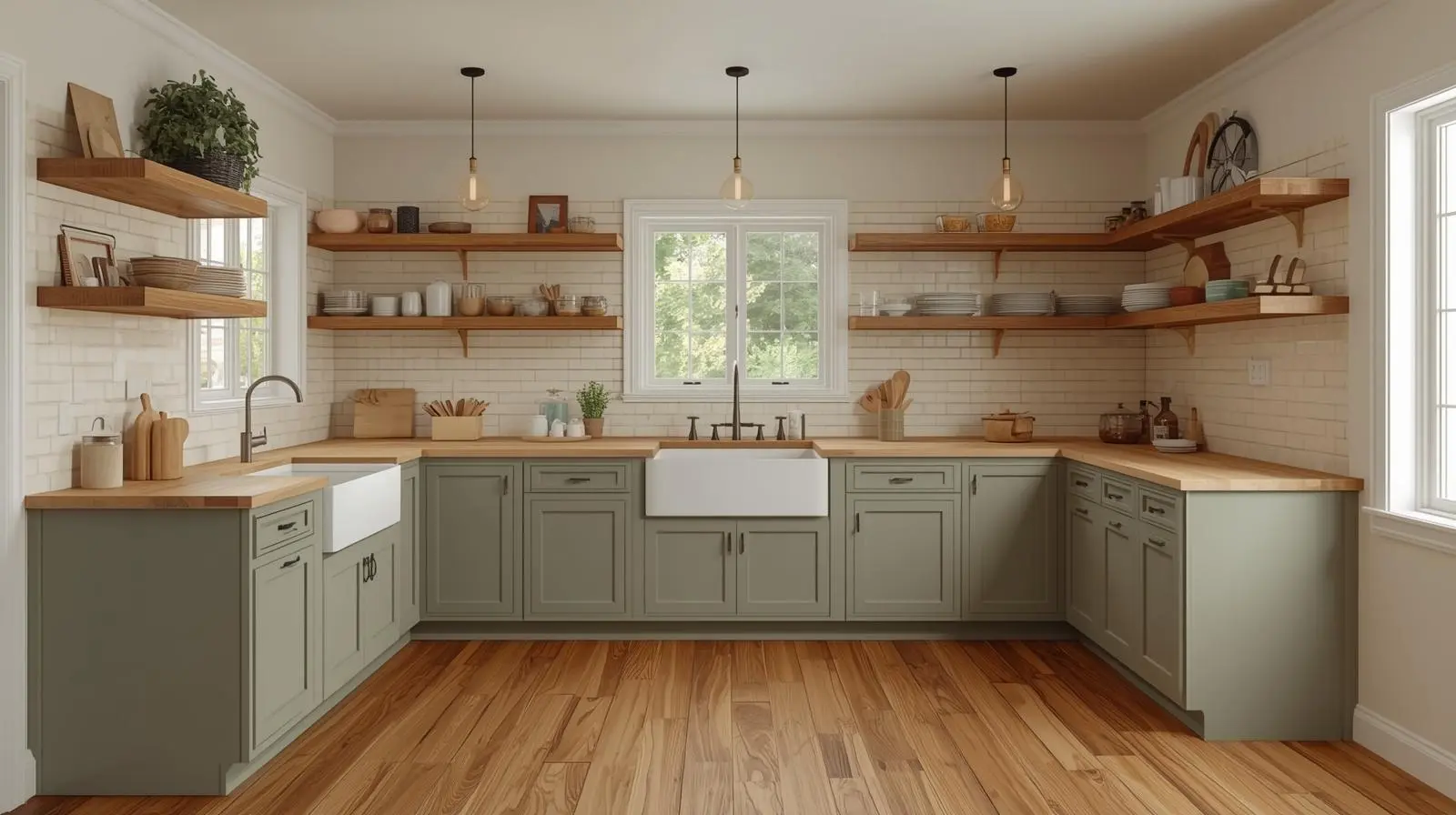 Farmhouse U Shaped Kitchen Design with Warm Wood Tones