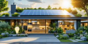 A beautifully remodeled home featuring solar panels, insulated windows, and a smart thermostat, highlighting energy-efficient home improvements.
