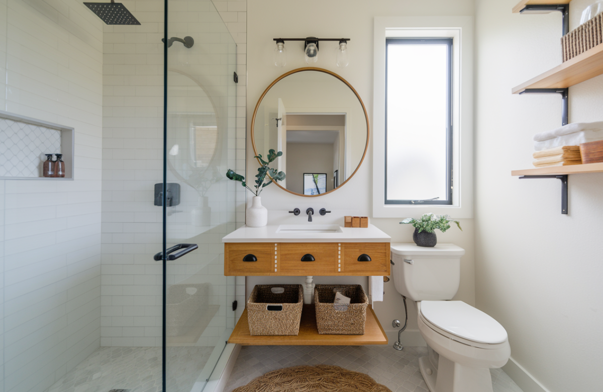 Space-saving Austin bathroom remodel with recessed niche and wall-mounted vanity