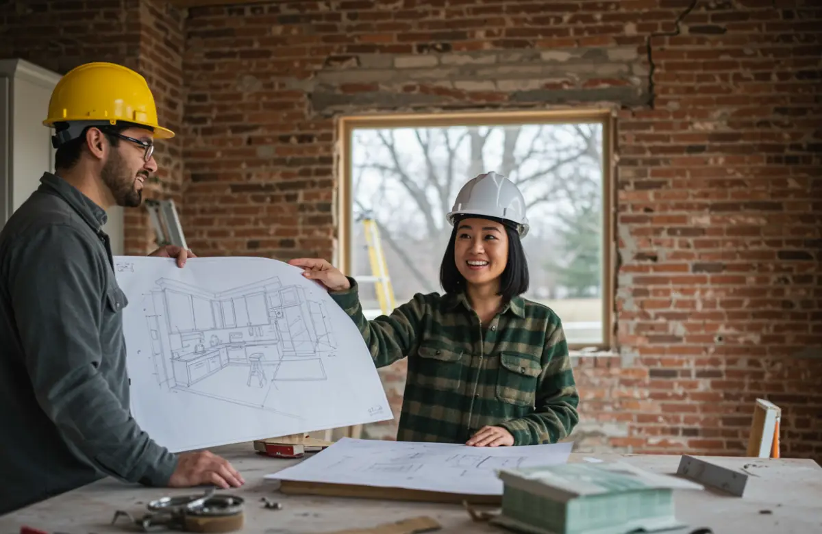 Austin home renovation in progress: contractors upgrading a kitchen with sunny interiors and design plans