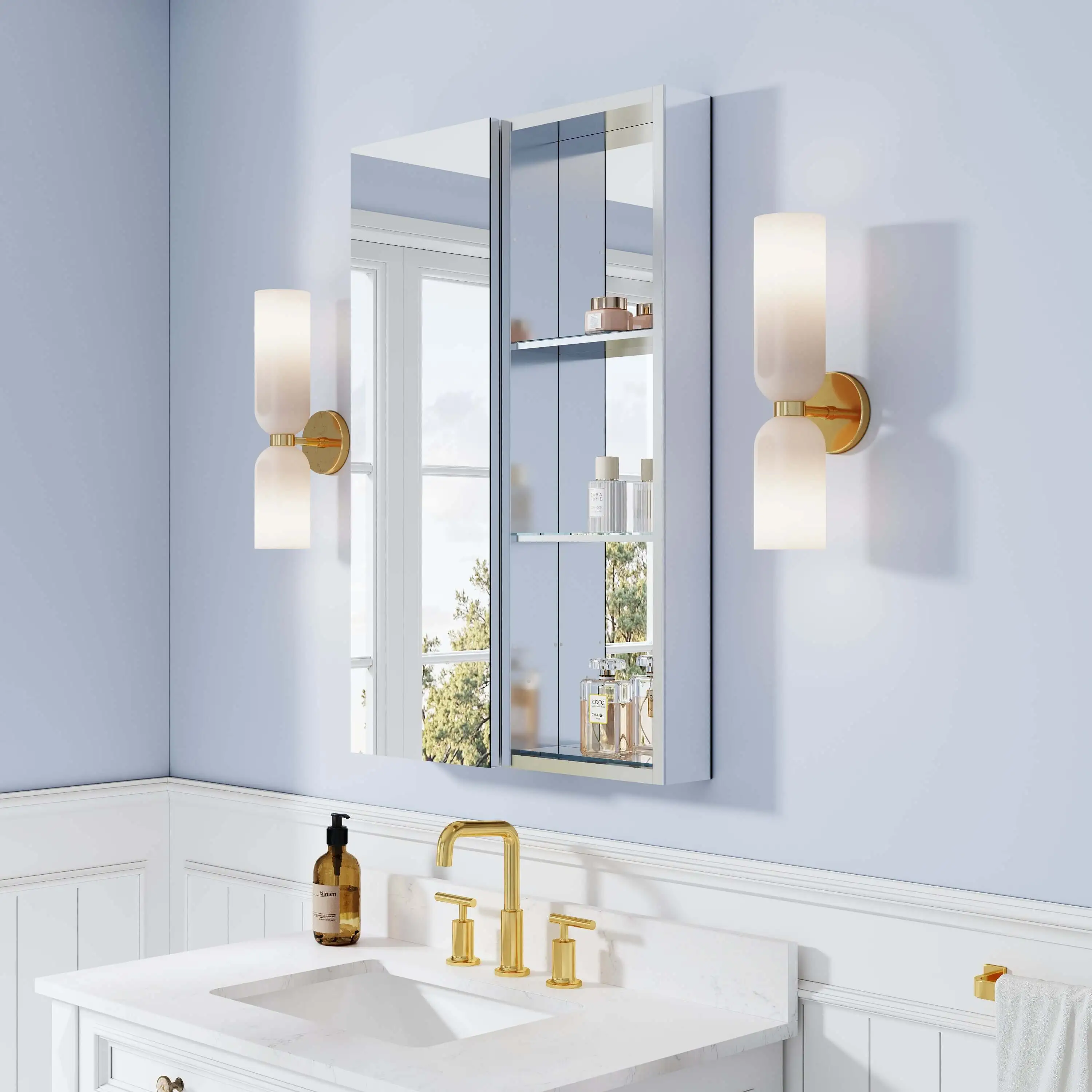 Modern bathroom remodeling with mirror cabinet and LED lights, clean layout, soft lighting, and hidden storage.