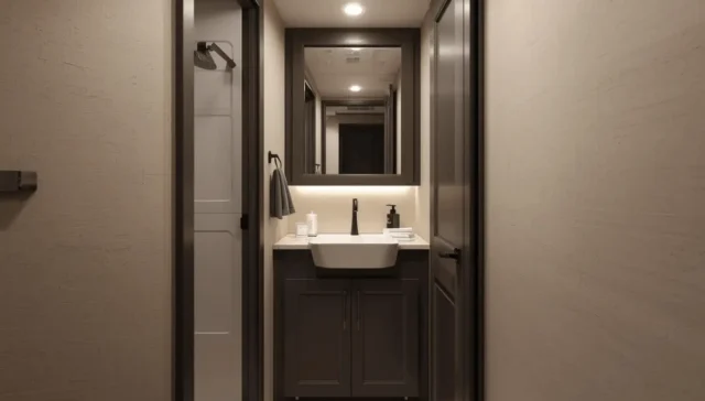 A compact RV bathroom remodel in Austin focused on space-saving layout, light colors, and durable finishes for daily comfort.